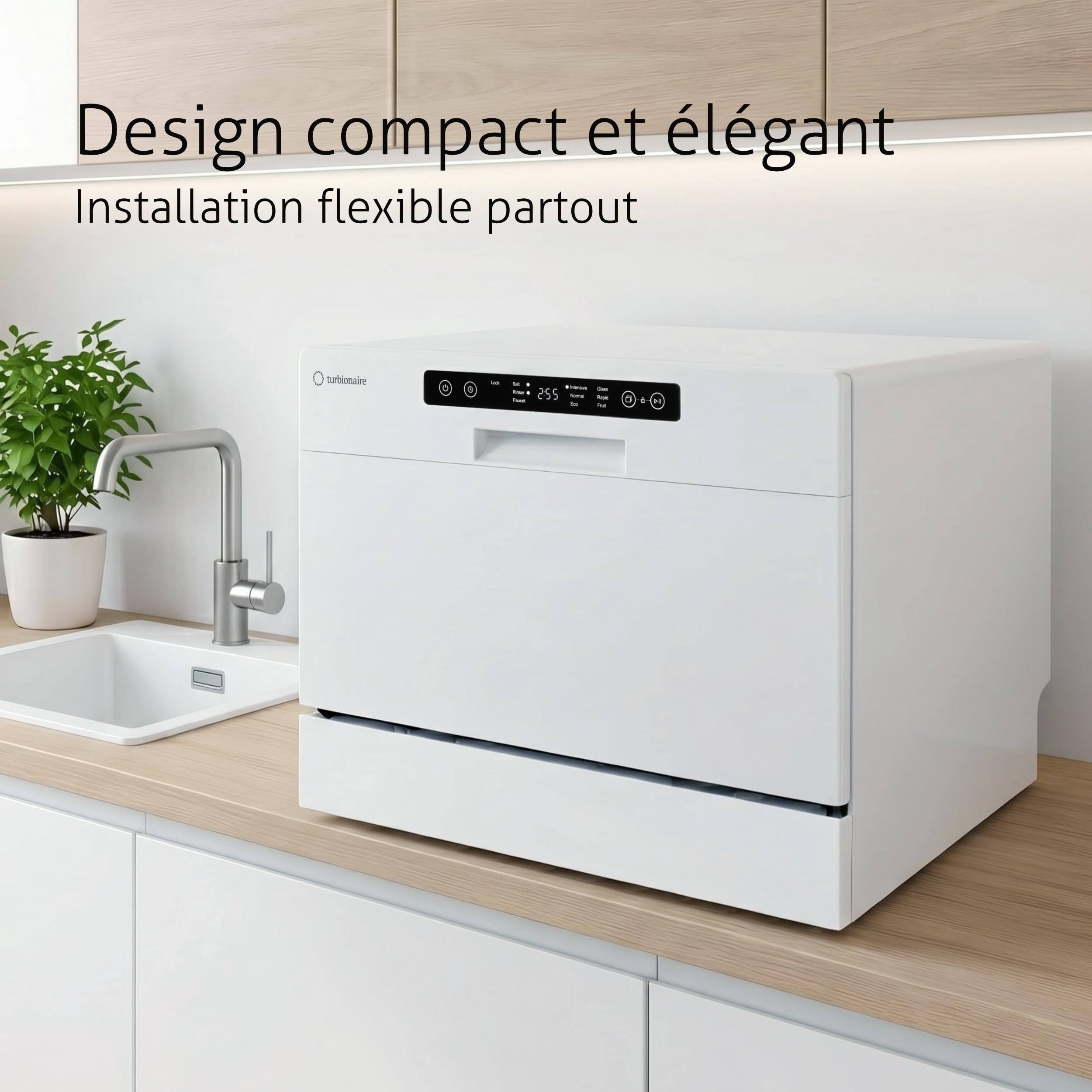 Lave-vaisselle compact Turbionaire AVA 6 TPDSAVA6CT, 6 couverts, 6 programmes, mode Éco, adoucisseur d’eau, lavage 360°, fonction Restart, 55 cm, Blanc