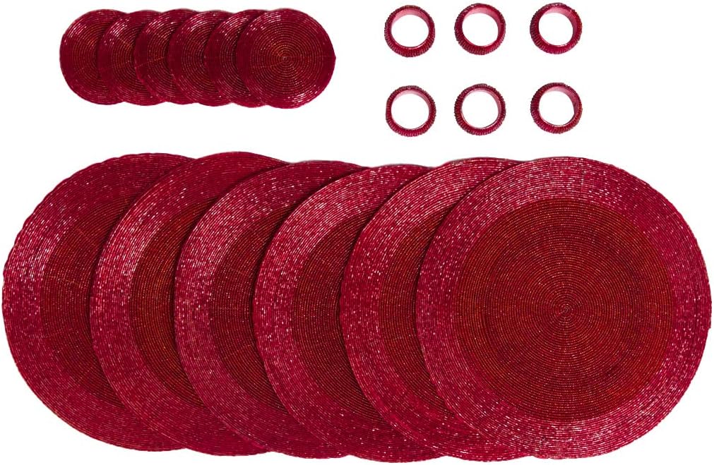 Penguin Home Handcrafted Glass Beaded Round Placemats, Coasters & Napkin Rings Set of 18 - Handmade Table Place Mats for Dining - 32 cm (13") Diameter (Red)
