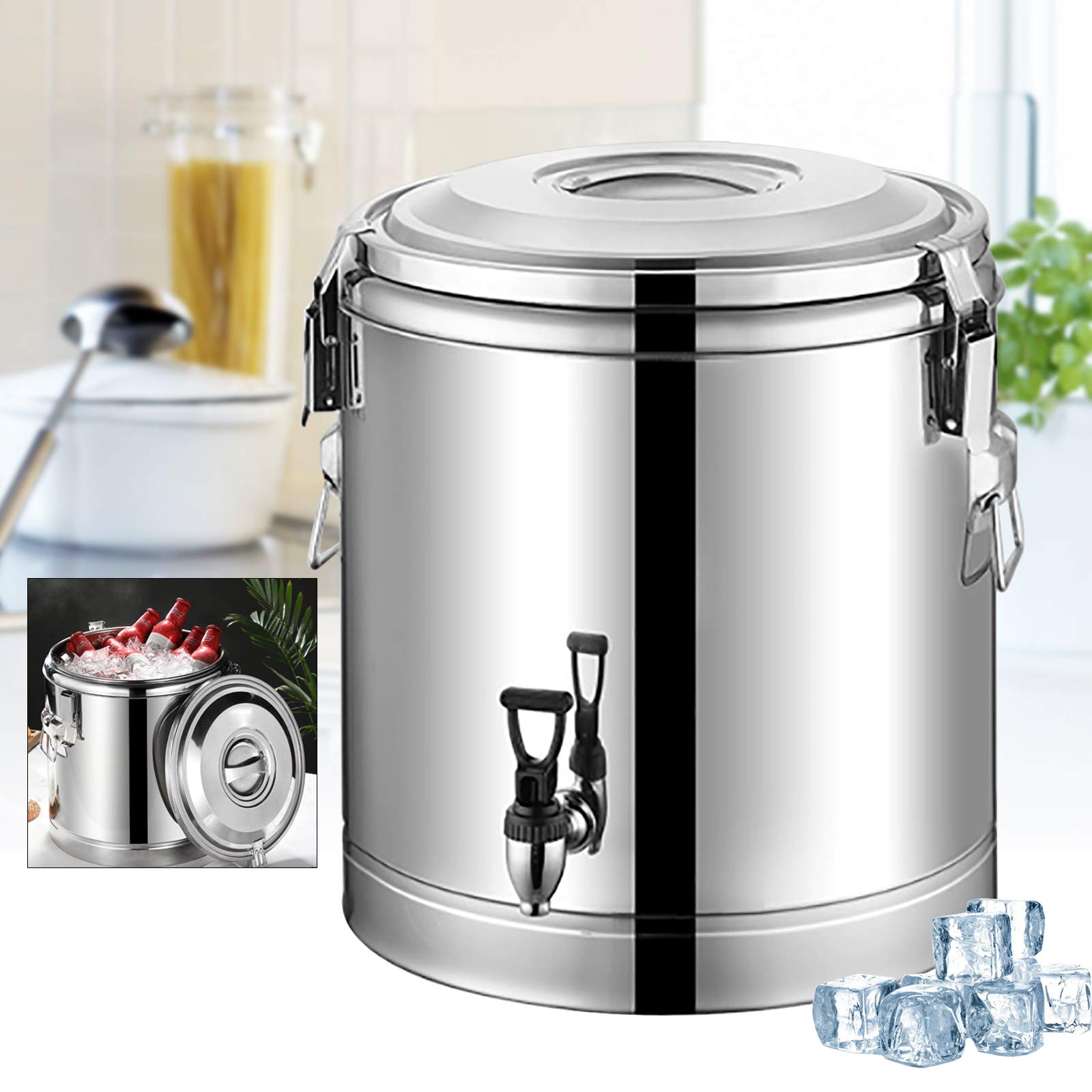 Bidón de agua de acero inoxidable, recipiente térmico de 40 l, recipiente de transporte aislado con grifo, acero inoxidable 201, aislamiento de 18,5 mm, superficie pulida, ideal para sopas, guisos, té
