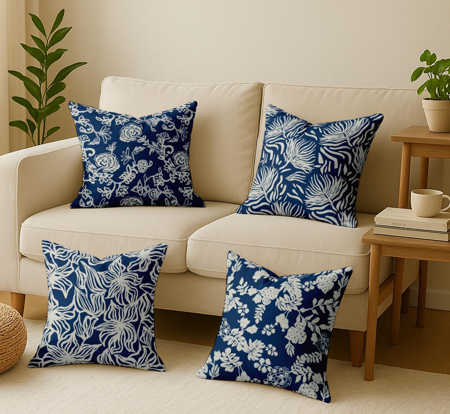 Set of 4 16x16 Cotton Cushion Covers - Decorative Reversible Pillow Covers with Concealed Zipper - Filler Not Included - Leaves Print, Blue