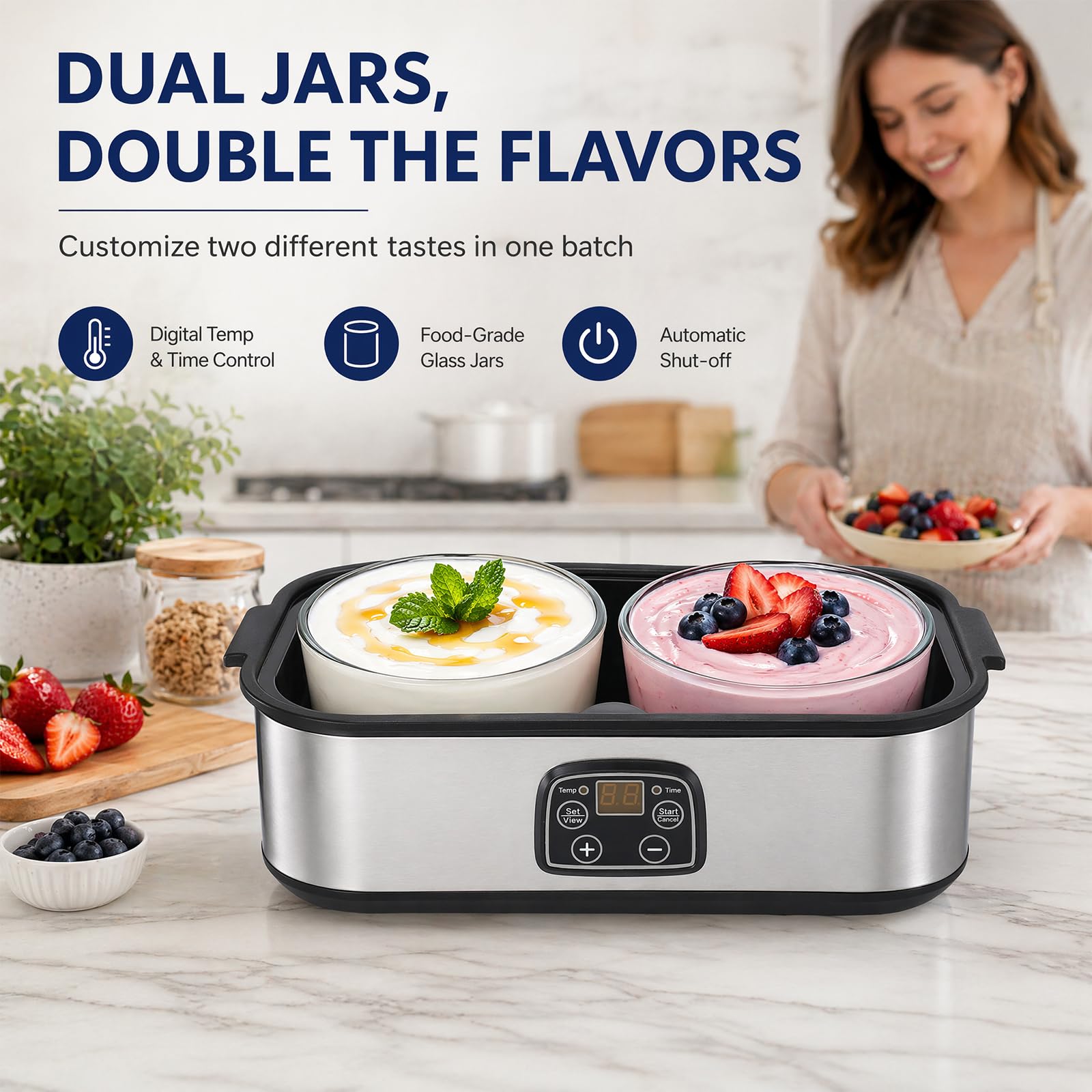 Yaourtière automatique de 2 l, température réglable et minuterie, yaourtière électrique avec affichage LED et 2 verres, pour la préparation de yaourts bio, produits laitiers, fromage, Natto