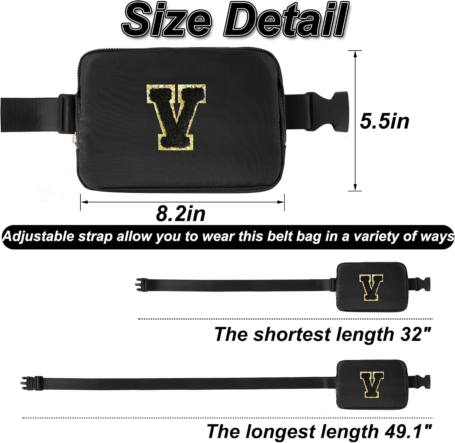 Uygafly Birthday Gifts for 4 5 6 7 8 9 10 11 12 13 Year Old Girl,Gift for Teen Girls Kids Toddler,Personalized Initial Fanny Pack Purse Crossbody Bag Belt Bag Cute Trendy Stuff | Black,V