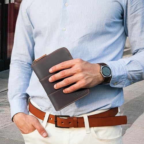 Miniatura 7 de Polare - Cartera de pasaporte de viaje de cuero de grano completo con cremallera YKK y bloqueo RFID, organizador de documentos, soporte para 2