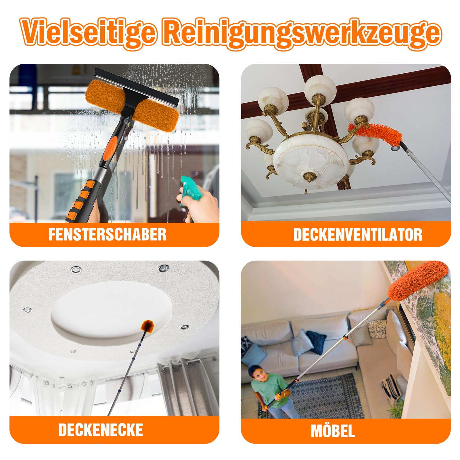 LAANPOLE 6M Staubwedel Teleskop Waschbar, Spinnwebenbesen mit Teleskopstiel, Fensterabzieher zum Reinigen von Decken, Lücken, Deckenventilatoren