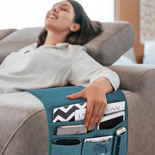 Miniatura 3 de Soporte de control remoto para sillón reclinable, organizador antideslizante con 5 bolsillos para revista, tableta, teléfono, iPad (verde azulado)