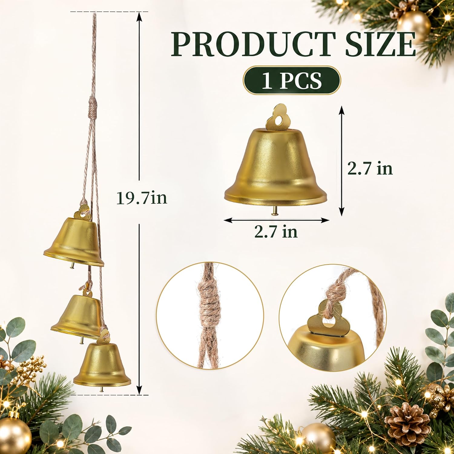 Christmas Bells with Hemp Rope for Decoration, Garland, Tree
