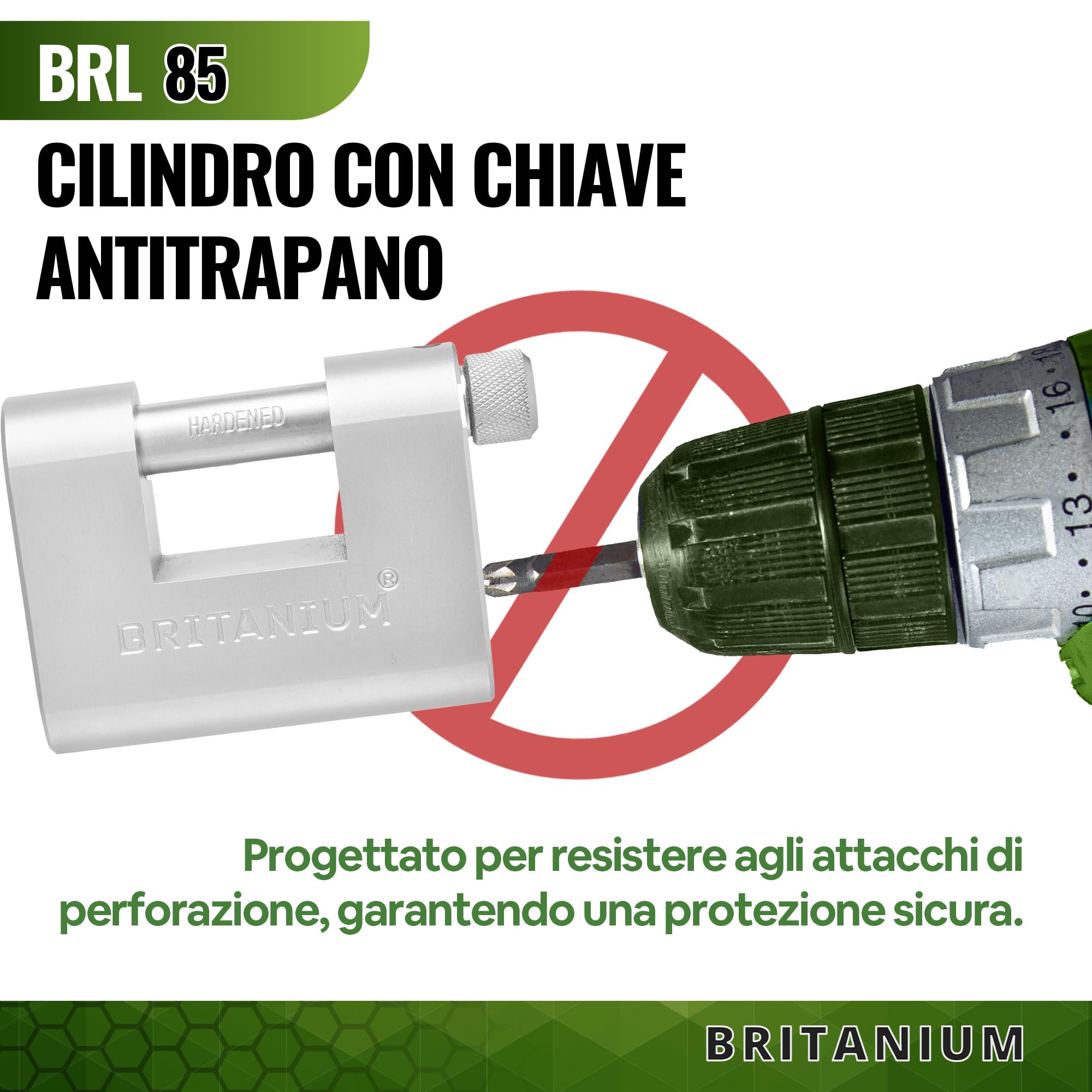 BRL85 Lucchetto Antiscasso Corazzato - Serratura per Cancello Esterno, Garage e Container - Lucchetto Monoblocco con 10 Chiavi, Alta Sicurezza per Magazzino e Saracinesca Blindata