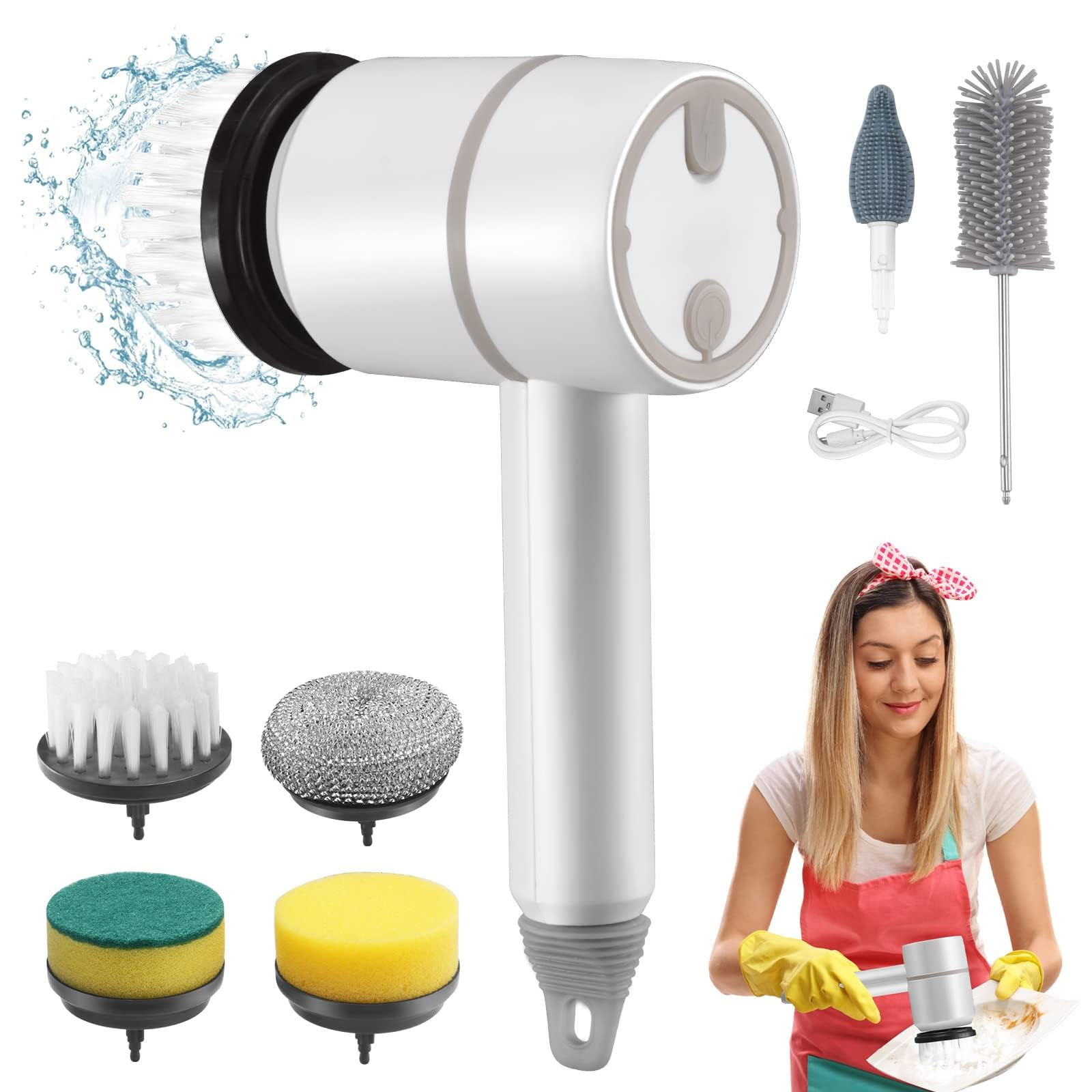 Electric Spin Scrubber, Portable Cleaning Brush with 6 Replaceable Brush Heads 3 Rotating Speeds Scrubbing Brush Rechargeable Power Scrubber for Kitchen, Bathroom, Tile, Floor, Window (White)
