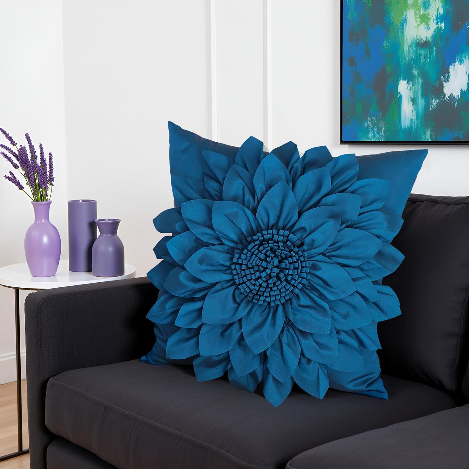 Bella's Giftshop Navy Blue Decorative Throw Pillow Covers 18x18 Inch for Bed Sofa Couch, Handmade 3D Accent Sunflower Floral Pillowcase, Living Room Decor