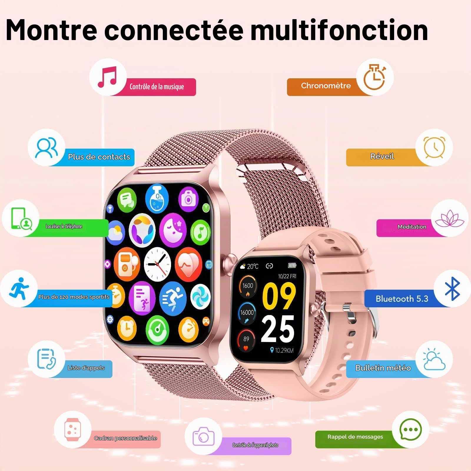CASCHO Montre Connectée Femme avec Appel Bluetooth, 1.85" HD Smartwatch Femme avec Fréquence Cardiaque/Sommeil/SpO2, 120+ Modes Sportifs, IP68 étanche, Fitness Tracker Watch pour Android iOS-Or Rose
