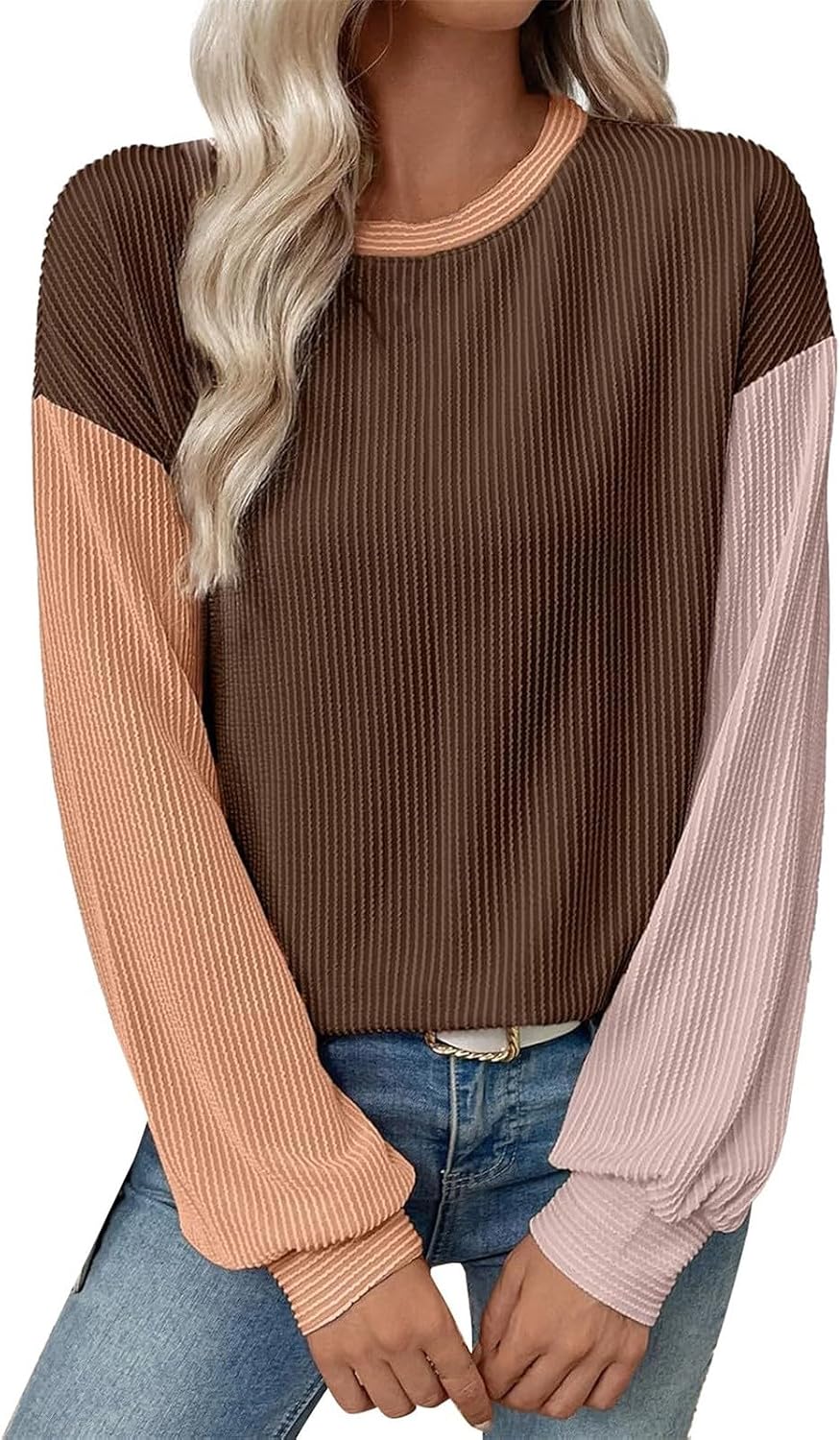 Womens Long Sleeve Tops Fall Fashion 2025 Crewneck Color Block Ribbed Knit Casual Loose Fit Pullover Shirts