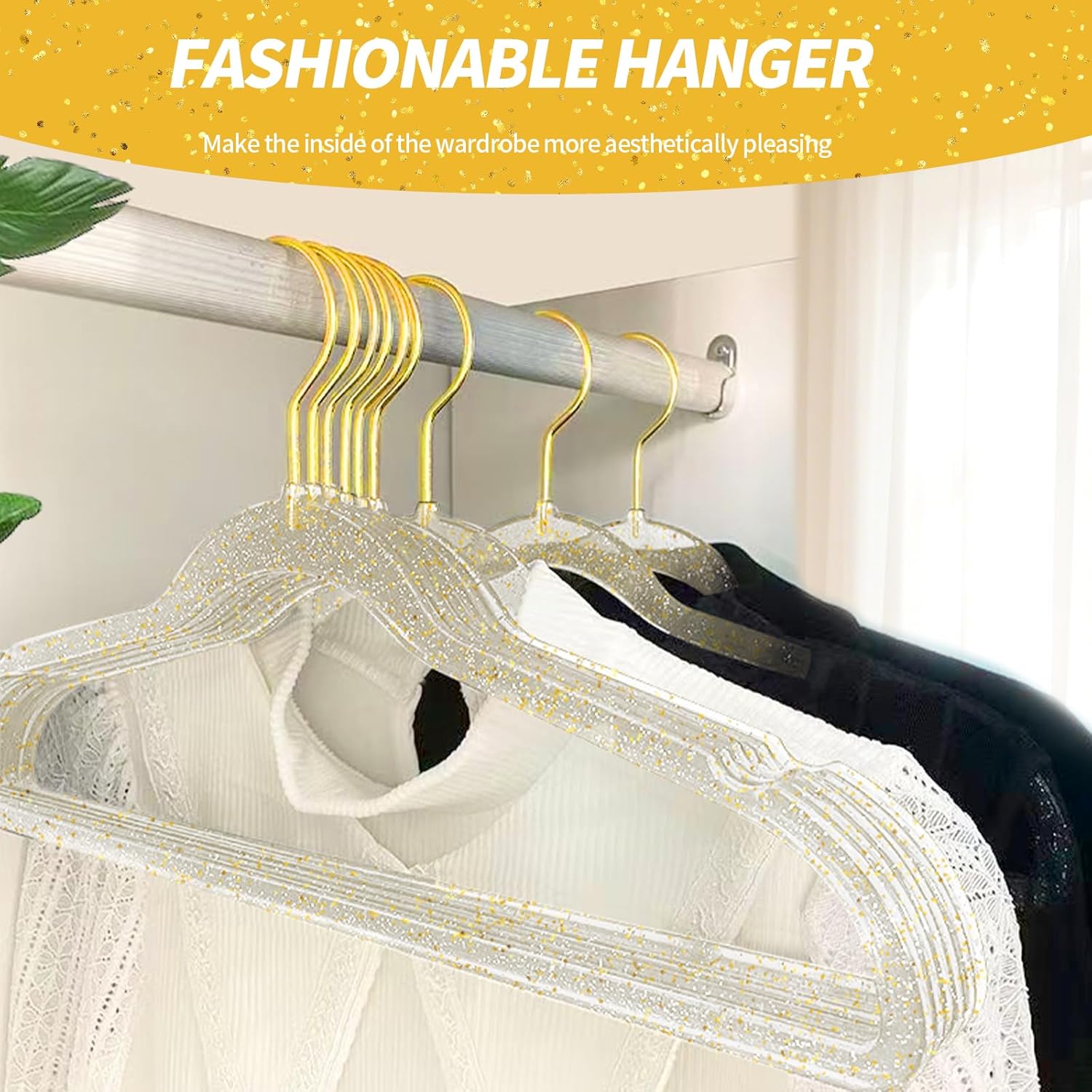 Jiang&Rong Premium Clear Acrylic Hangers with Gold Glitter – 50 Pack Crystal Plastic Coat Hangers, Thin Space Saving Hangers for Clothes, Dress, Blouse & Pants