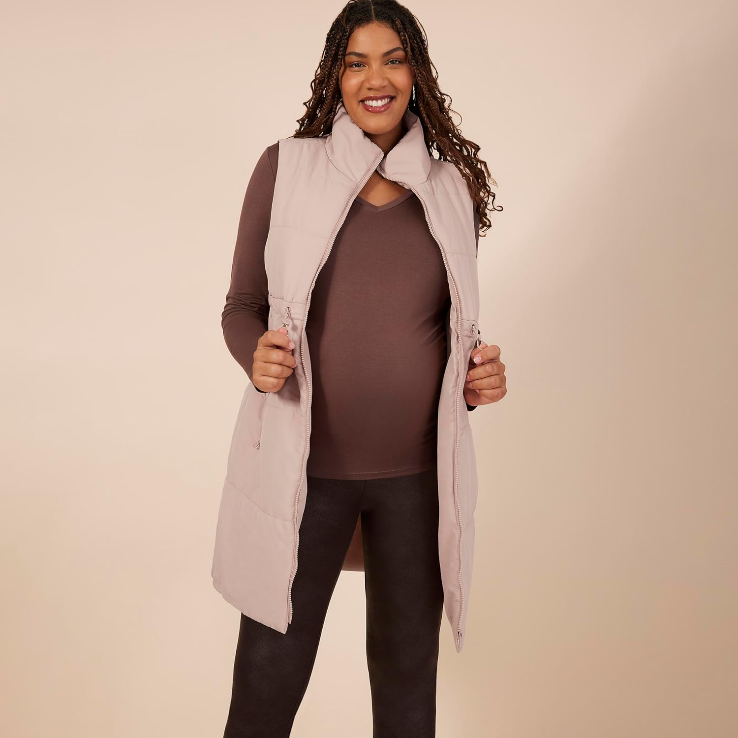 Motherhood Maternity Women's Sleeveless Long Pregnancy Puffer Vest with Pockets