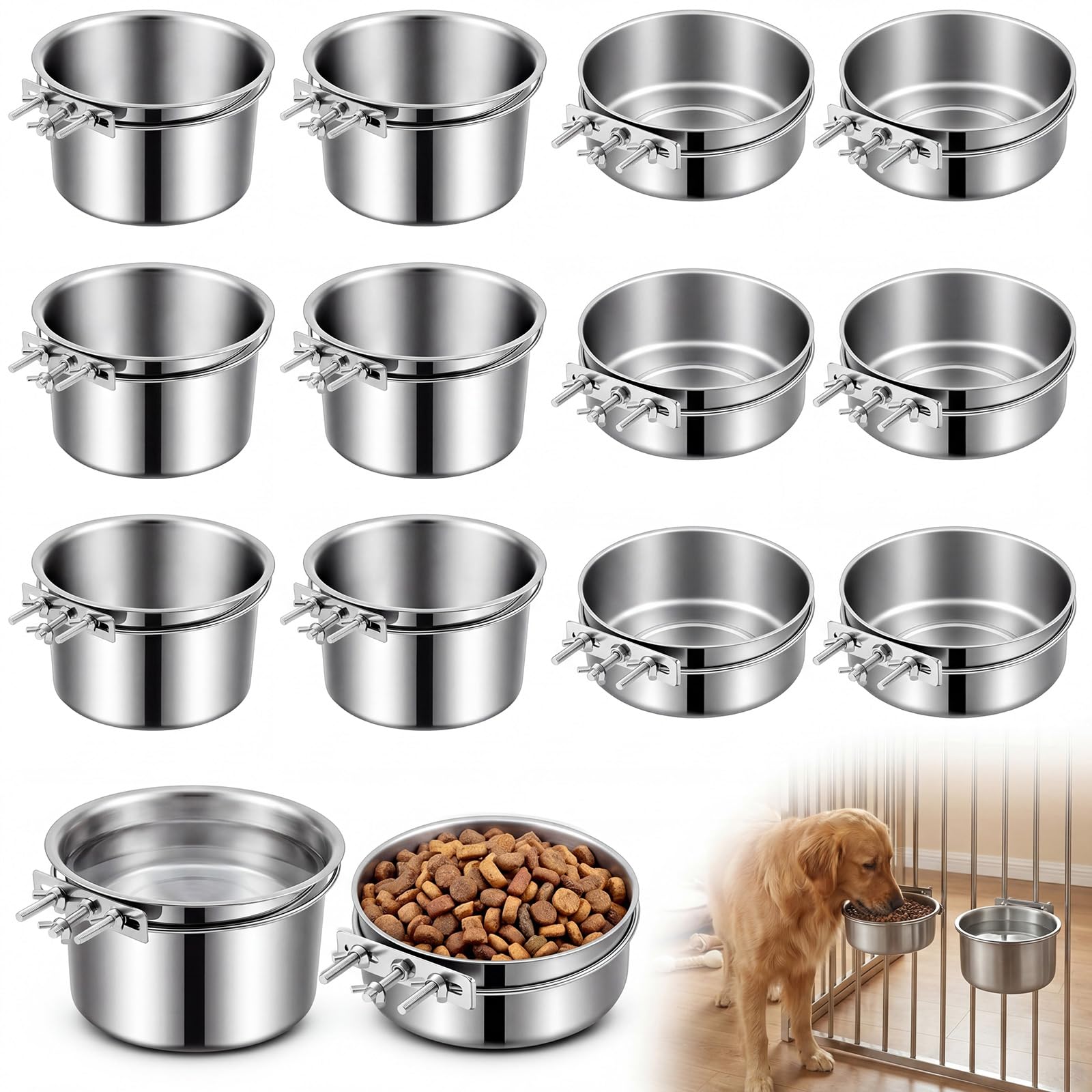 12 Pcs Dog Crate Water Bowl No Spill, 40oz & 60oz Hanging Kennel Bowls Bulk | Stainless S…