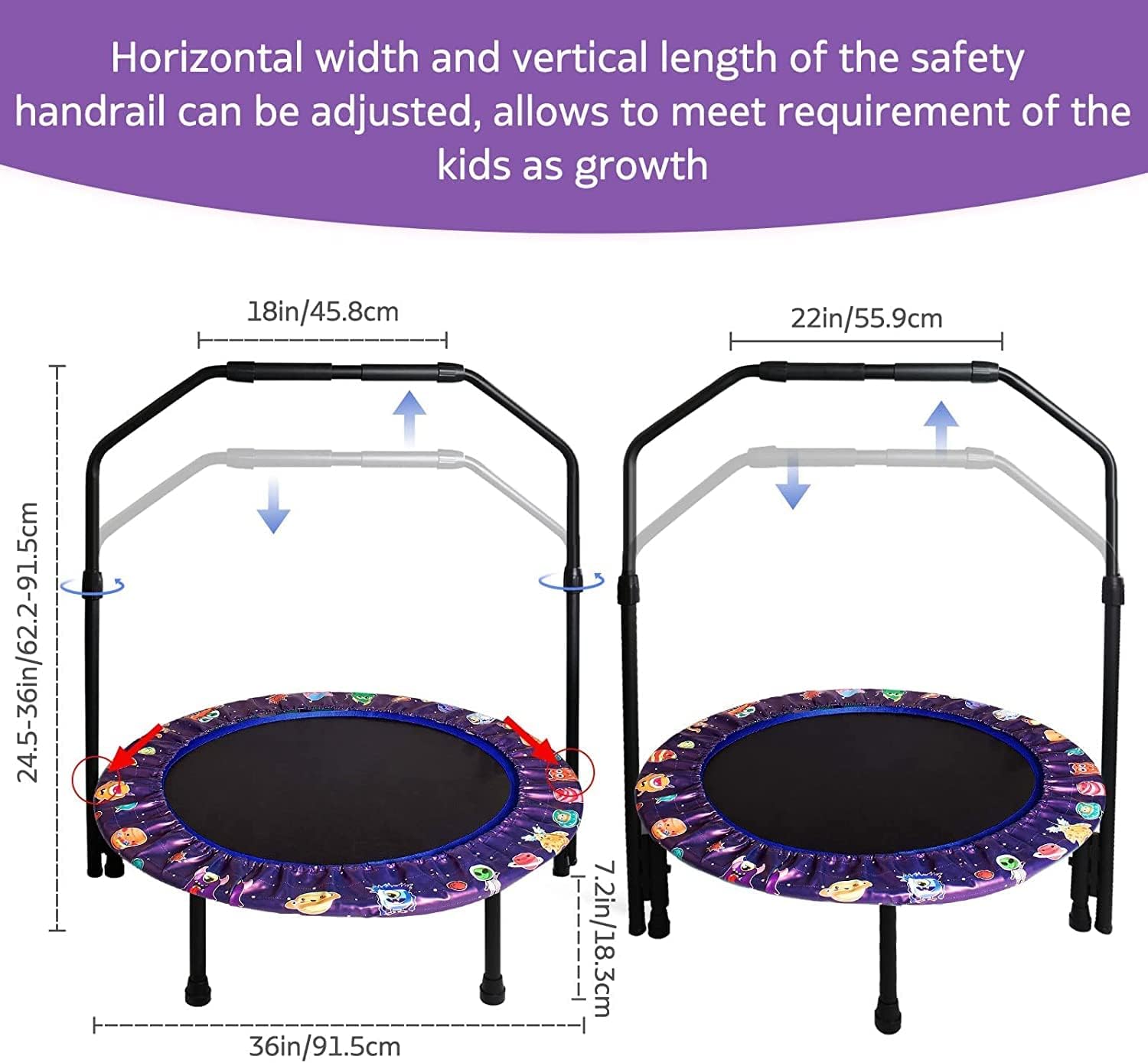 Trampoline Enfant Ø92cm, Pliable Mini Trampoline avec Poignée Réglable & Rembourrage de Sécurité,Petit Trampoline intérieur Enfants, Intérieur et Extérieur pour garçons et Filles