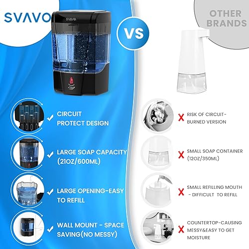 Miniatura 5 de SVAVO Dispensador automático de jabón para montaje en pared, 20.3 fl oz21 onzas líquidas, dispensador de jabón de manos, bomba de sensor eléctrico