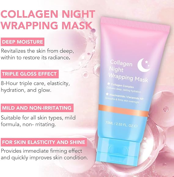 Collagen Night Wrapping Mask, Collagen Overnight Wrapping Peel Off Face Mask for Moisturisation & Elasticity, Reduce Dullness & Sagging, Firming Skin Mask (Brush Included) (150 ML)