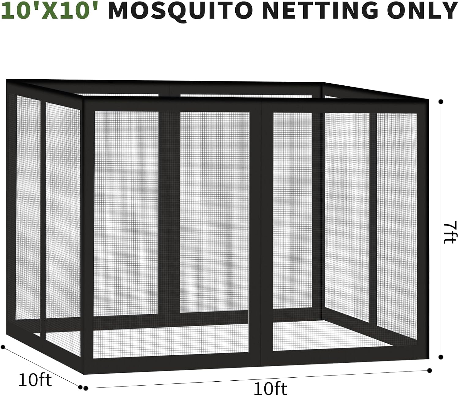 Gazebo Universal Replacement Mosquito Netting, 10' x 10' Outdoor Canopy Net Screen 4-Panel Sidewall Gazebo Curtains, with Zippers, Easy to Install, Fit for Most Gazebos 10x10 Canopy，Patio （Black）