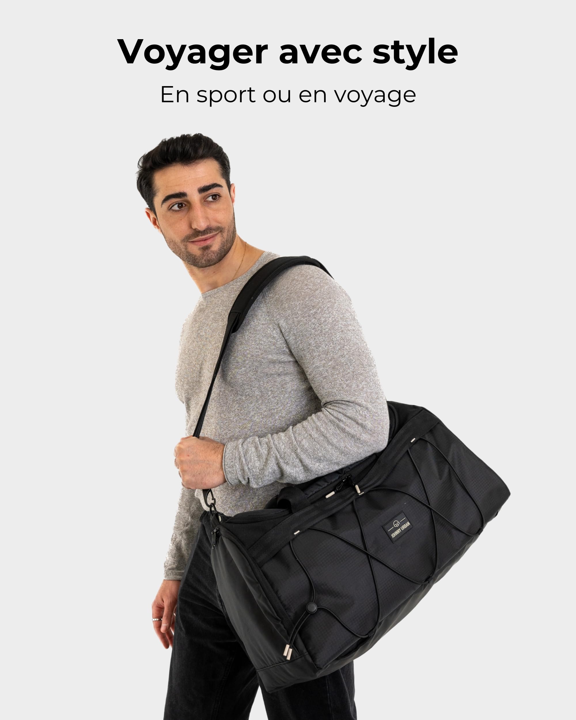 Johnny Urban Sac de Sport Homme & Femme Noir - Shawn - Sac 2 en 1 avec Fonction Sac à Dos - Duffel Bag Multifonctionnel - Compartiment à Chaussures - Hydrofuge