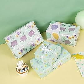 MAYPLUSS Baby Shower Wrapping Paper - 17 X 120 Per roll - Cute Little Boy Green Elephant Animal Design Birthday Joyful Celebration Gift Wrapping Paper for Baby Shower, Party, New Baby Birth