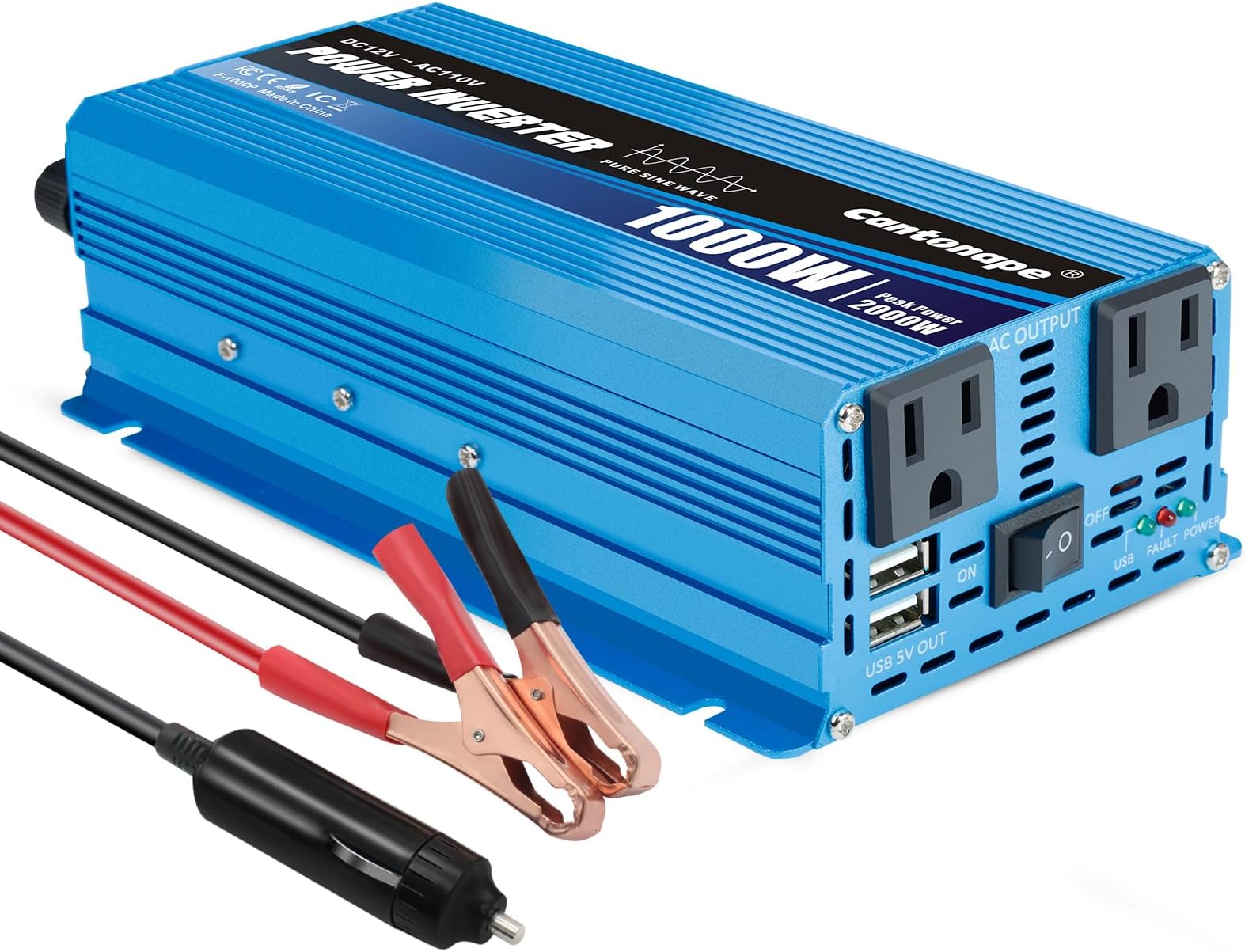 Cantonape 1000W Pure Sine Wave Inverter 12V to 110V/120V AC Power Inverter Converter with 3.1A USB Car Adapter and Cigarette Lighter Plug for Car Outdoor