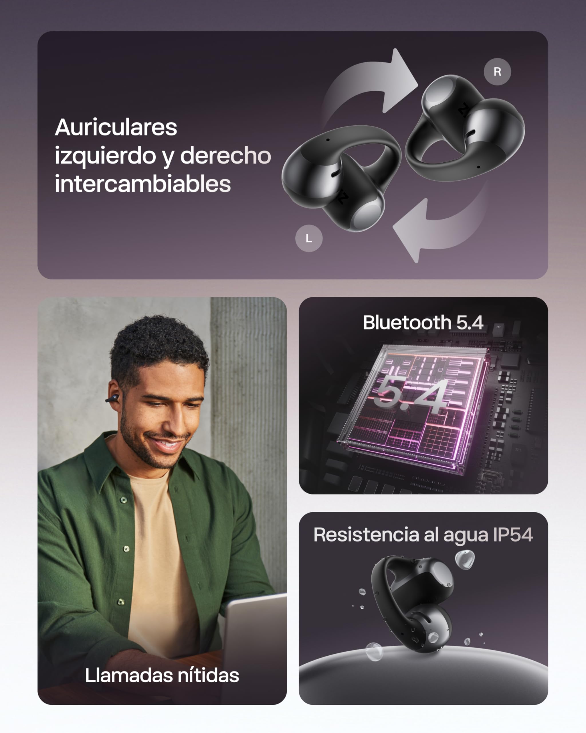 SHOKZ OpenDots One Auriculares Open-Ear Clip-on, Bluetooth 5.4, 6,5g, Negro | Dolby Audio Premium|4 Mics. con Cancelación Ruido|Ligeros 6,5g|40H de Batería|con Paño de Limpieza|Deportivos|Oído Abierto