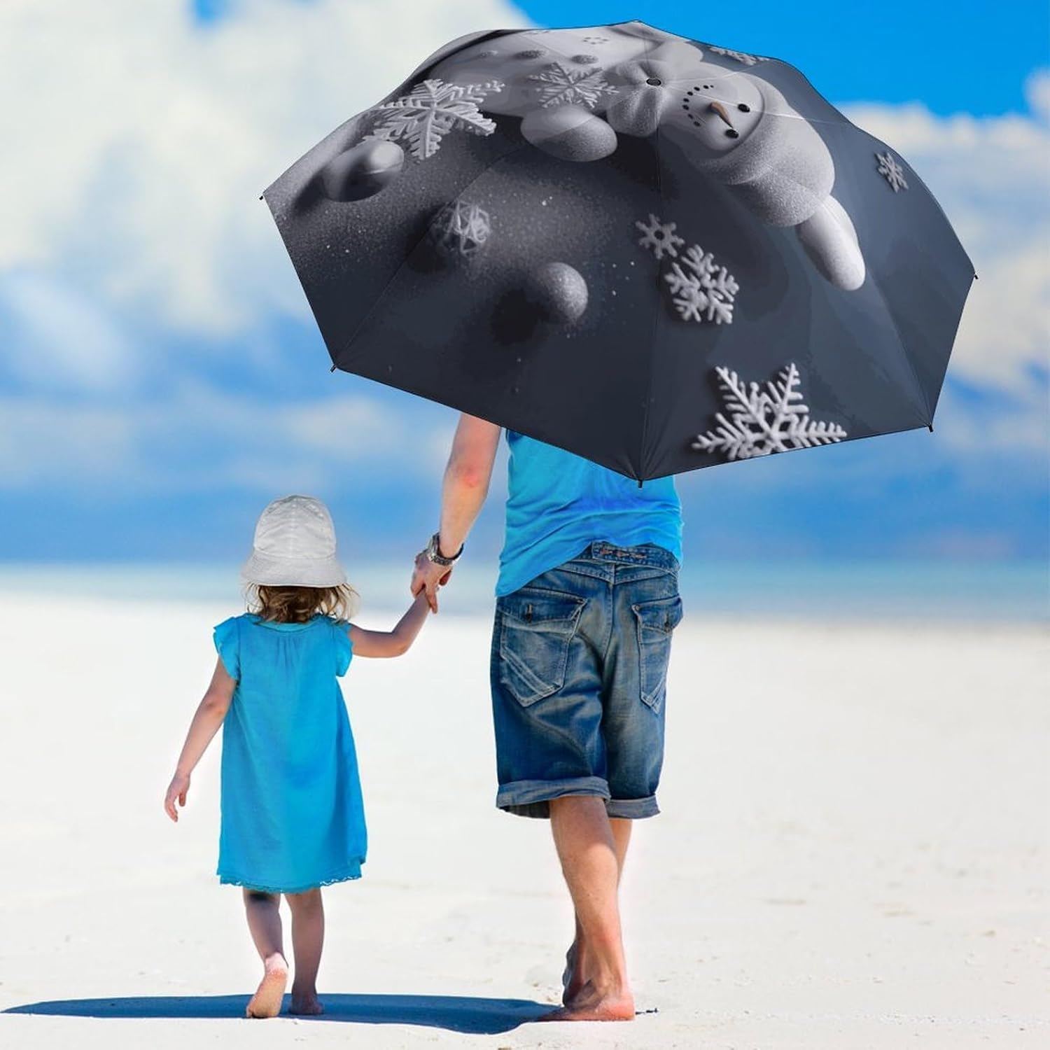 Snowman Stars And Snowflakes Umbrella Extra Large Folding, Travel Umbrella Windproof, Compact, Golf Umbrella With Unique Patterns, Fashionable And Beautiful for Men And Women.