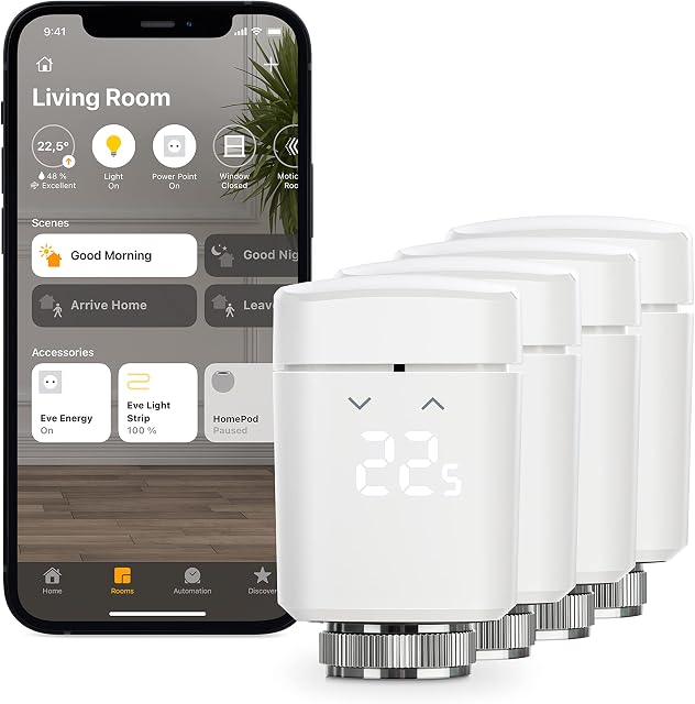 Eve Termostat do grzejników z wyświetlaczem LED, automatyczne sterowanie temperaturą, nie wymaga mostka, Bluetooth/gwintów, Apple HomeKit, wyprodukowano w Niemczech