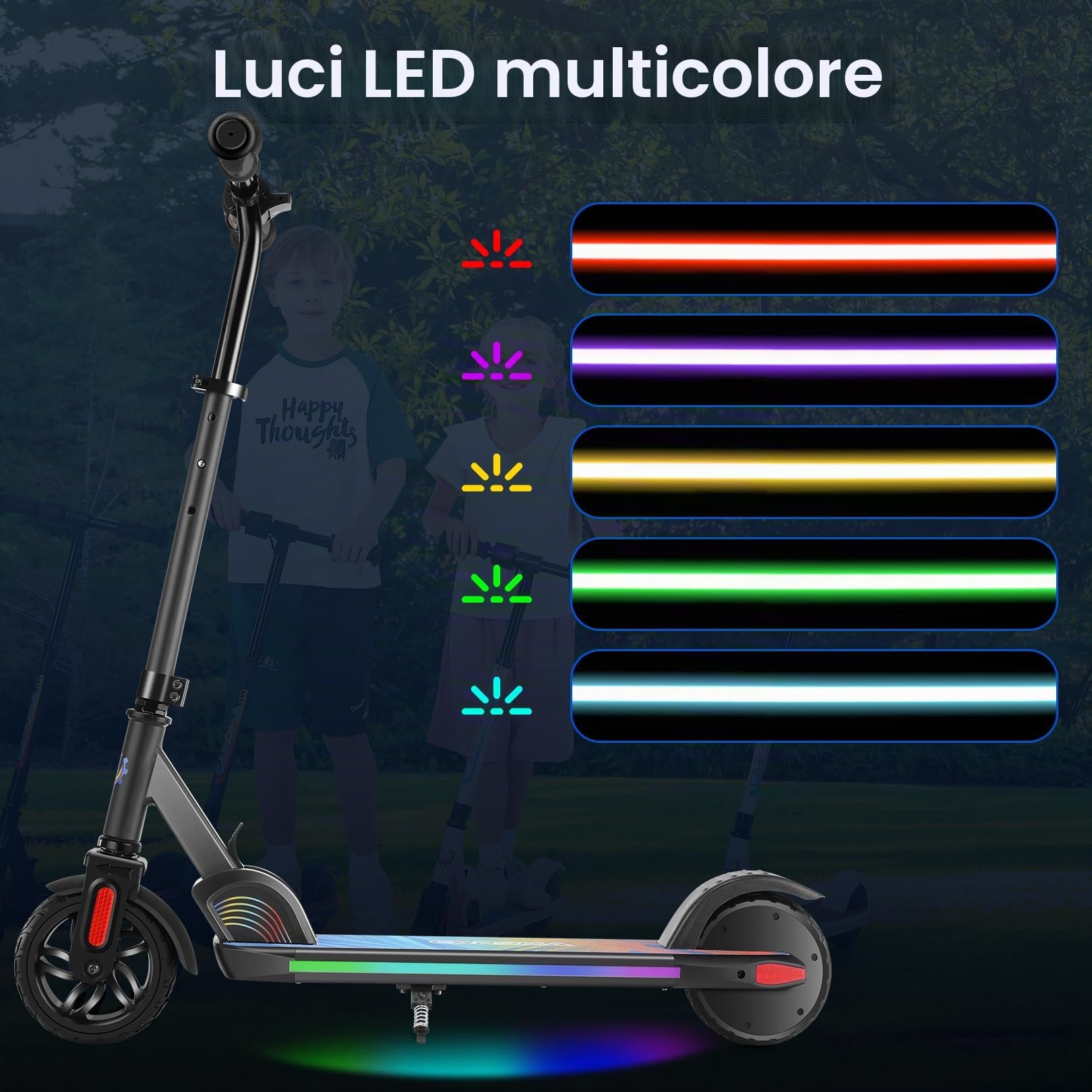 Caroma Monopattino elettrico per bambini dai 6 ai 14 anni, motore da 150 W, 16 km/h, 80 minuti di autonomia, velocità e altezza regolabili, luci colorate, indicatore LED, monopattino elettrico