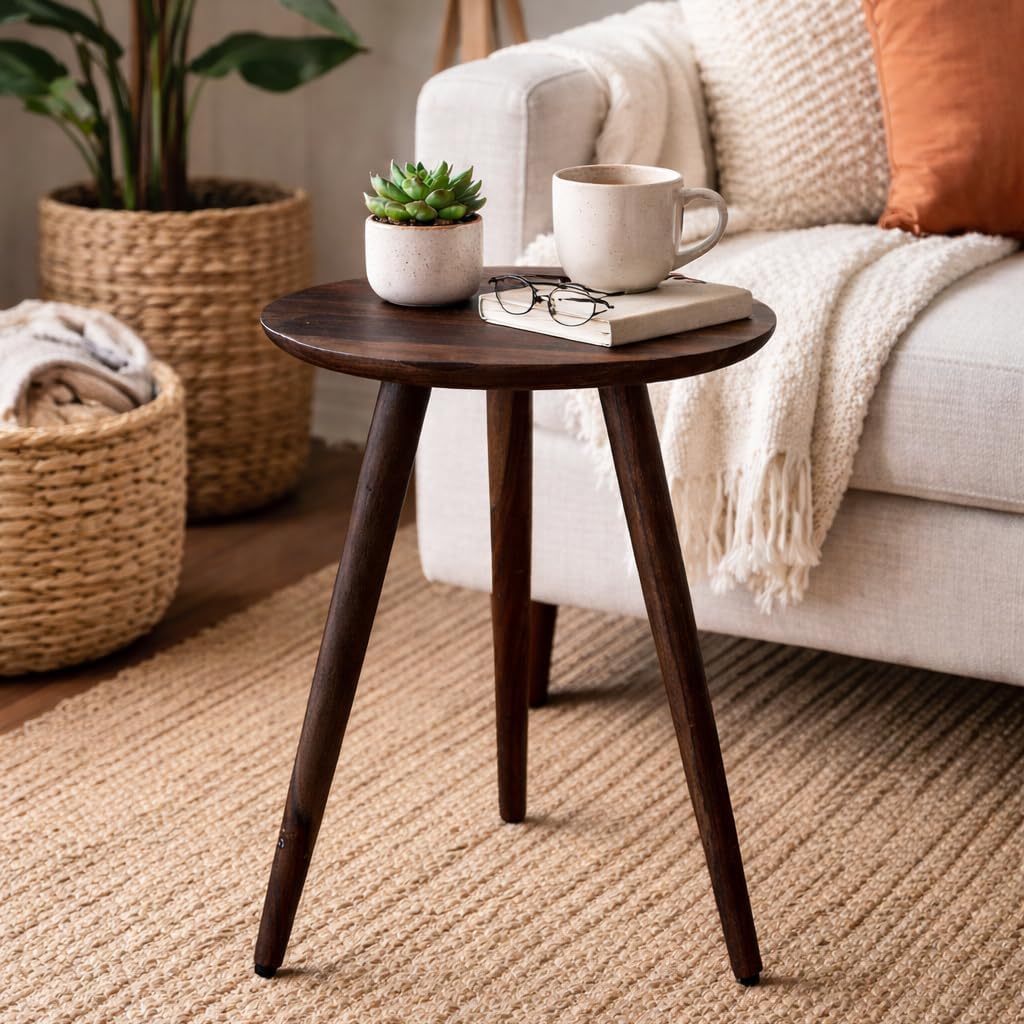 ANGEL FURNITURE Solid Sheesham Wood Tripod End Table | Stool | Side Table | Corner Table | Sofa Side Table (Walnut)