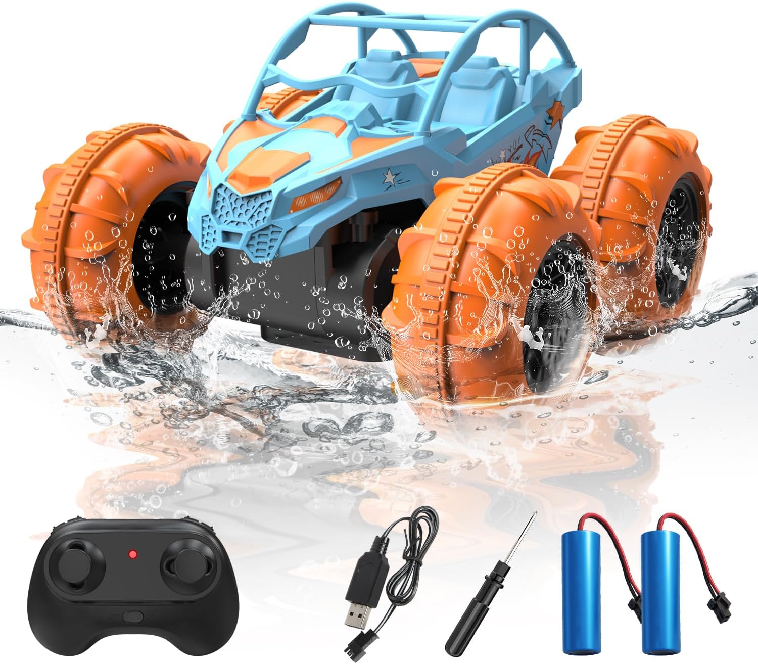 Remote Control Car, Fast Amphibious RC Cars, All Terrain Off-Road RC Truck, 2.4Ghz Waterproof Cyber Truck Pool Water Toys, Gifts for Birthday Christmas(Blue)