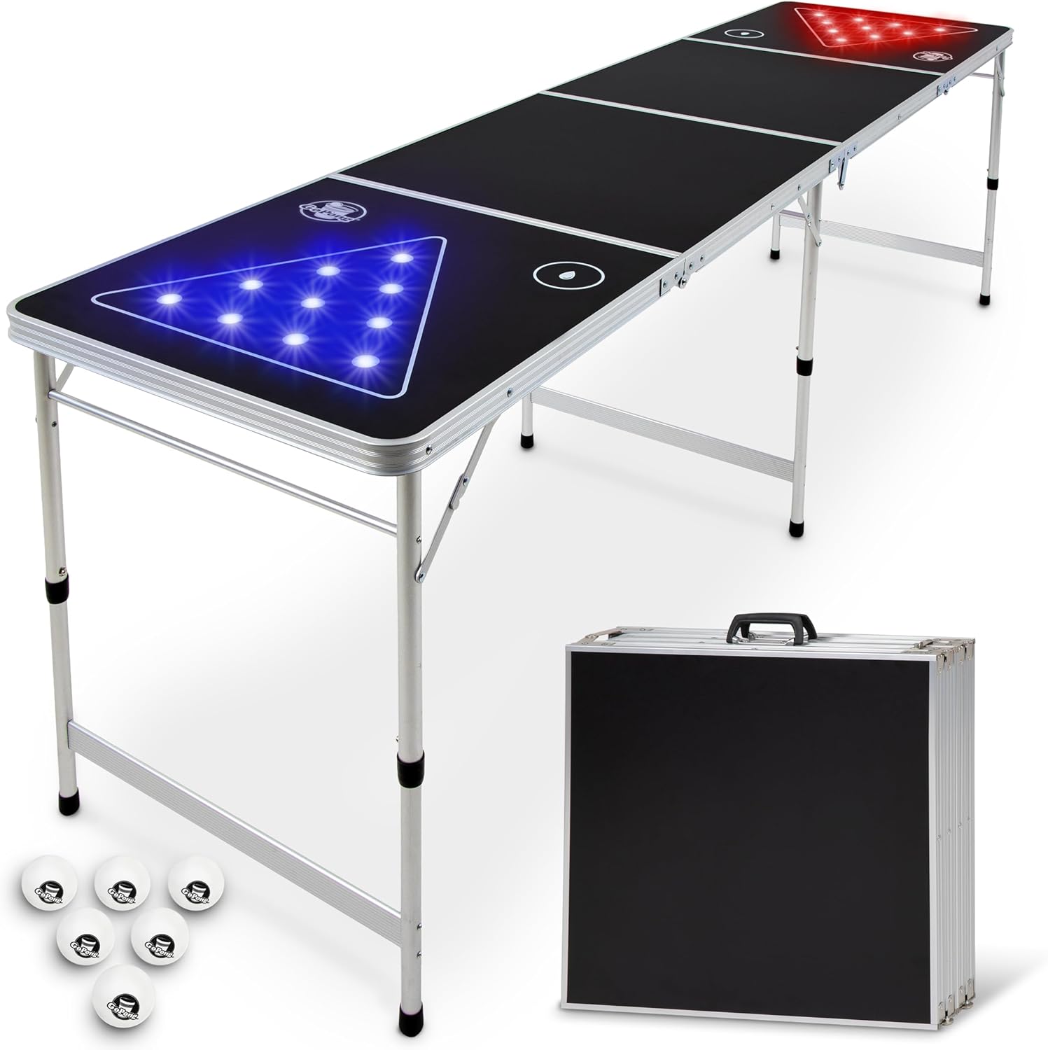 GoPong 8 ft Foldable Beer Pong Table with LED Lights - Regulation Size Portable Pong Table with 6 Balls