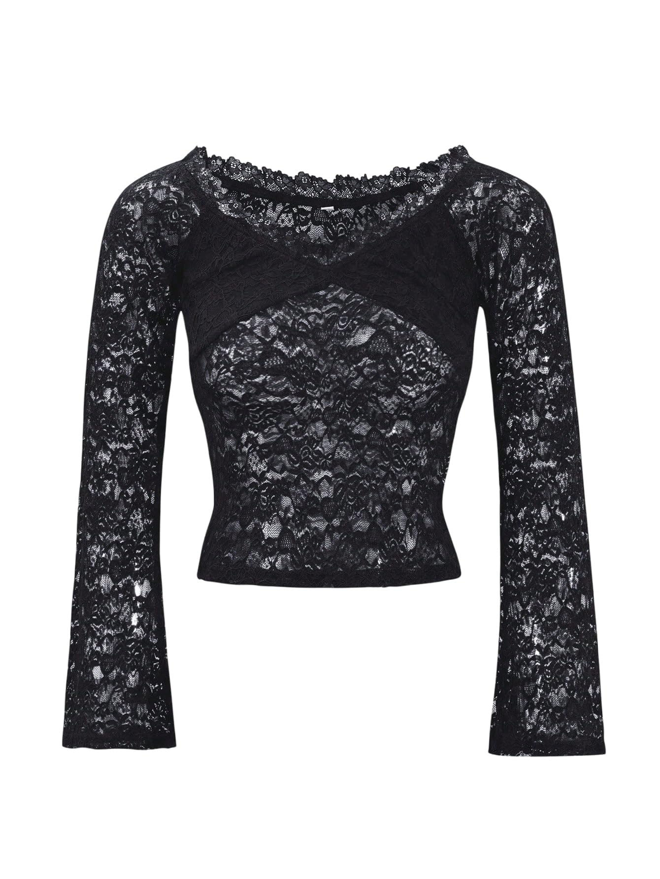 GORGLITTER Top da donna in pizzo, elegante, con spalle scoperte, in rete, trasparente, a maniche lunghe, slim fit, per feste