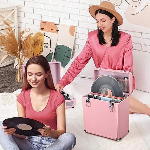 Miniatura 6 de Hododou Caja de almacenamiento de discos de vinilo con cerradura organizadora de discos de almacenamiento para más de 30 discos individuales de 12