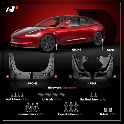 Miniatura 4 de A-Premium Protectores contra salpicaduras compatibles con Tesla Model 3 2024-2016  5 plazas (no requiere perforación), guardabarros mate, con