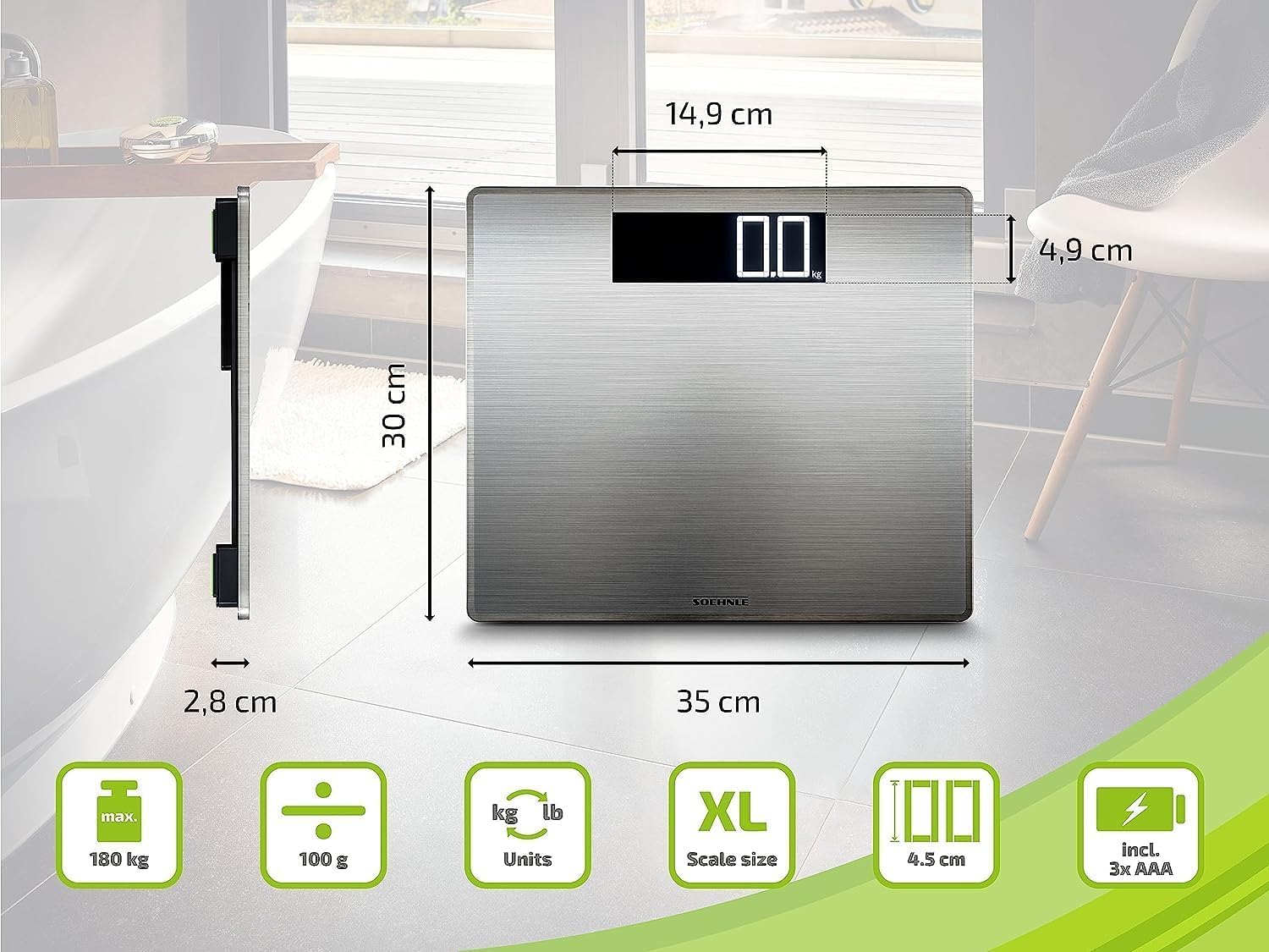 Soehnle Style Sense Safe 300 Personen Digitalwaage mit extragroßer LCD-Anzeige, flache Personenwaage mit Anti-Fingerprint-Beschichtung, Waage aus Edelstahl