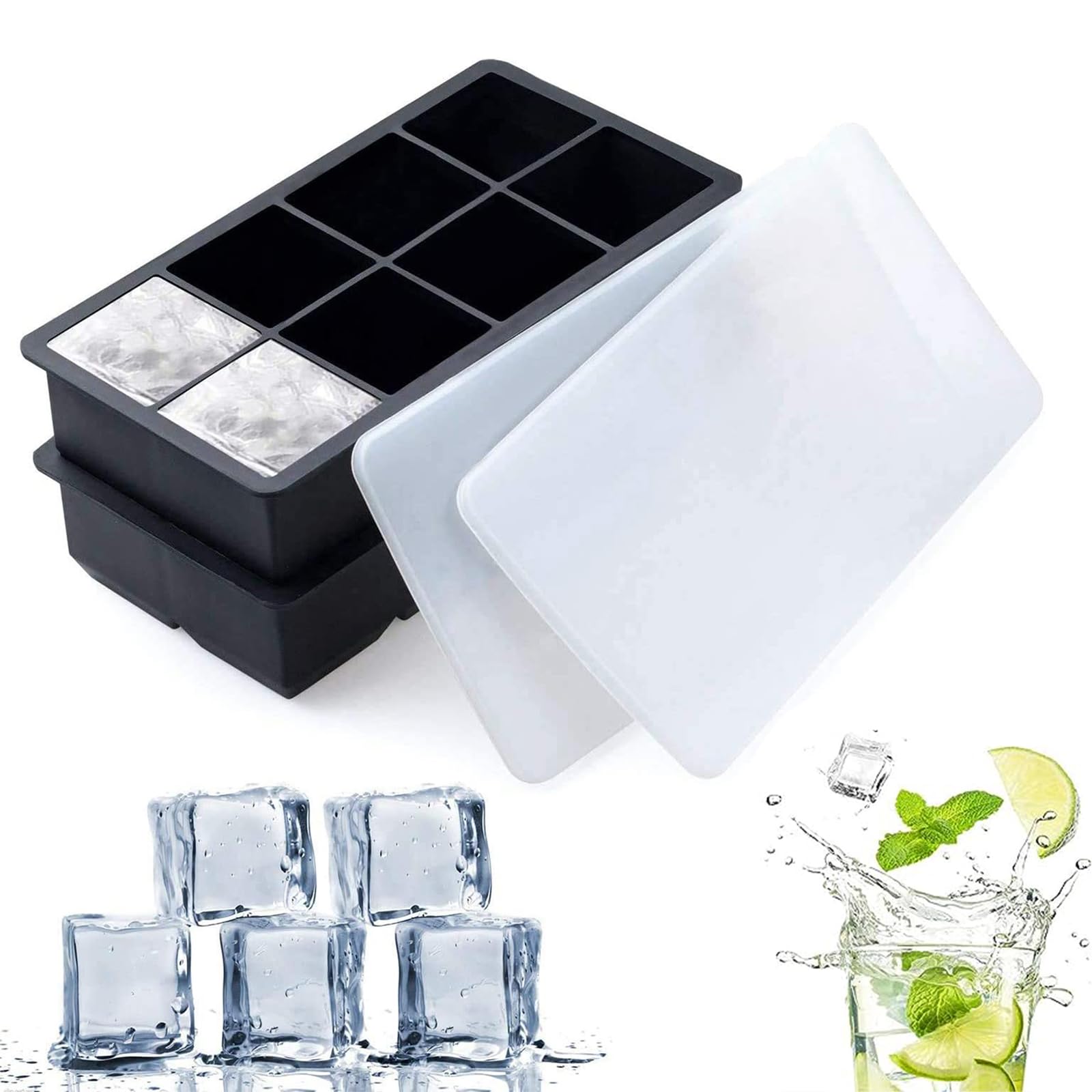 Joyzzz Ice Cube Trays, 2PCS Reusable Silicone Ice Cube Tray with Lid, 8 Large Square Ice Cube Trays, Ice Trays for Freezer, Easy Release Ice Cube Mold for Whiskey, Cocktails, And Mixed Drinks