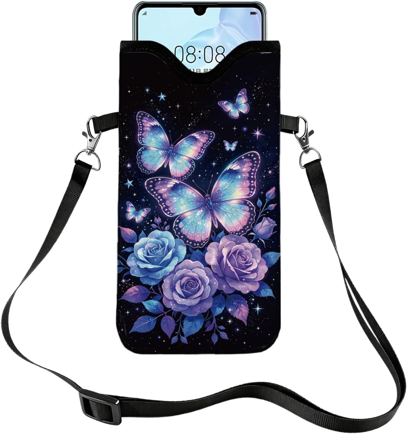 GLOBLELAND Butterfly Cell Phone Sleeve Pouch Case Bag 7.1×3.9 inch Rose Insect Shockproof Universal Phone Bag with Crossbody Strap Neck Lanyard for Women Men Phone Headphones Watch