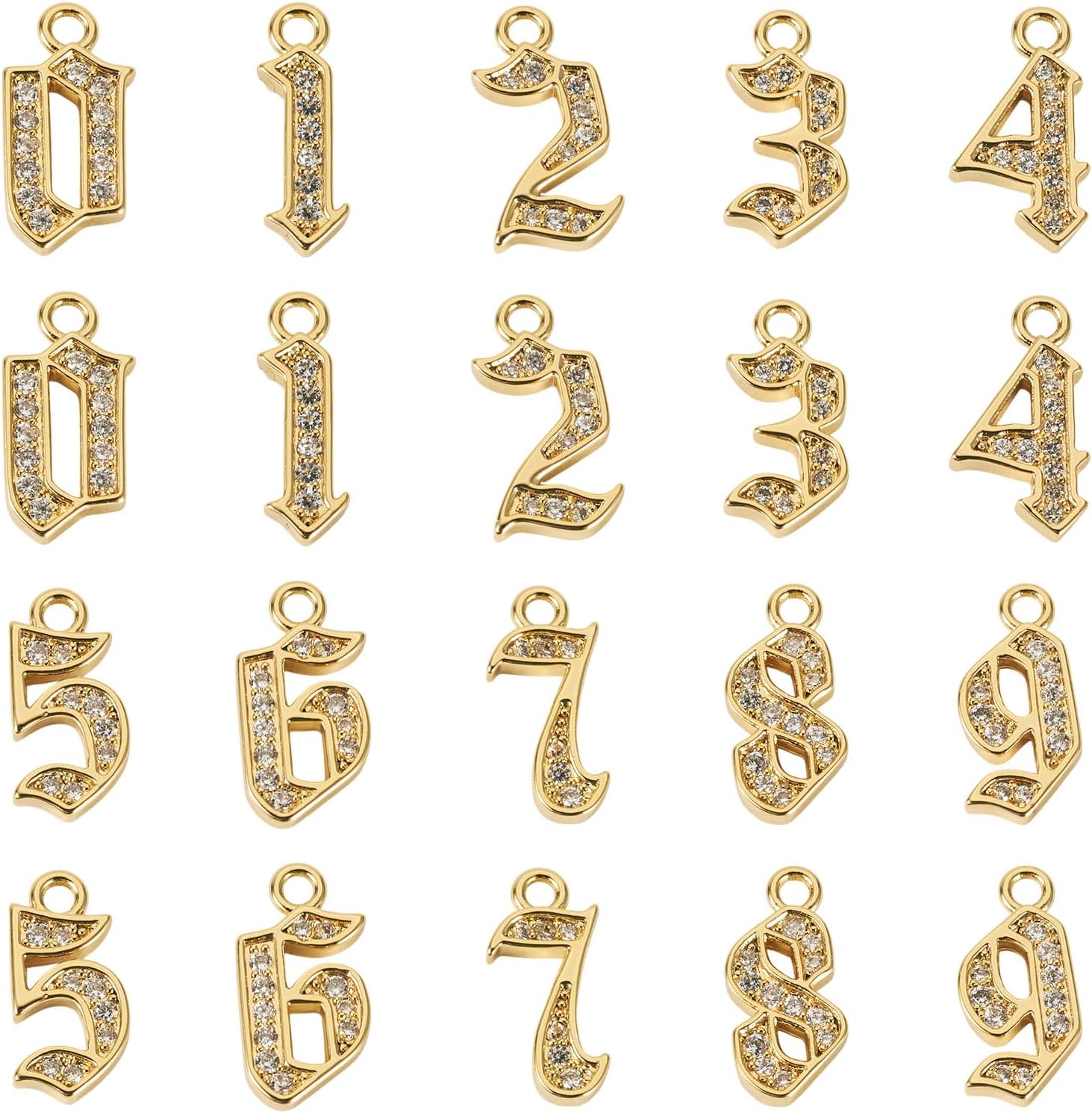 Pandahall 20Pcs Number Zirconia Charms 18K Real Gold Plated Metal Full Rhinestone 0-9 Number Slide Pendants Dangle Charms for DIY Craft Necklace Earrings Keychains Jewelry Making