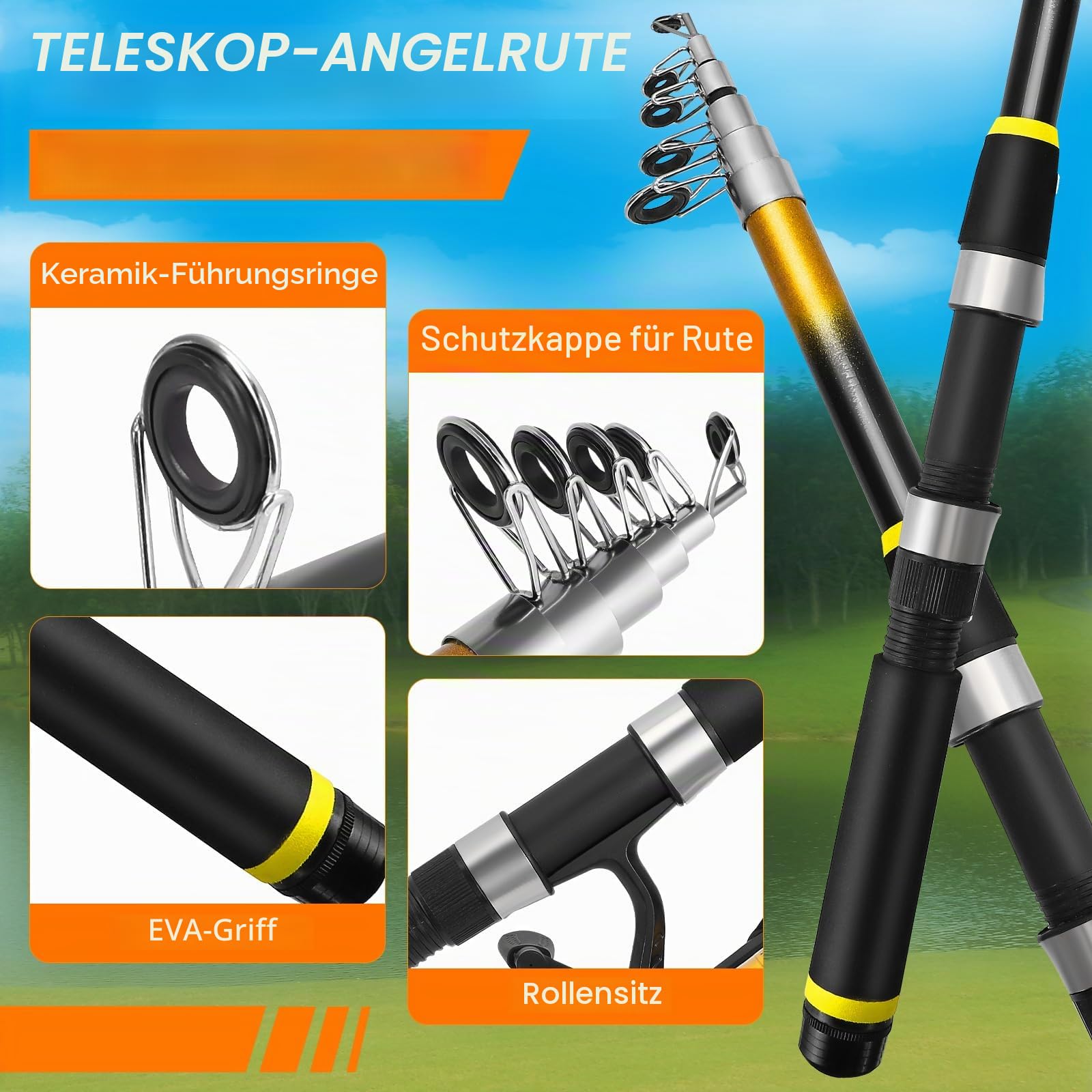 Angelset für Kinder, Angelrute Set Komplett mit 1.8m & 2.1m Kohlefaser Teleskop Angelrute, Angelrolle, Köder Set und Tragetasche, Kinder Angelset für Jungen und Mädchen von 3-10 Jahren