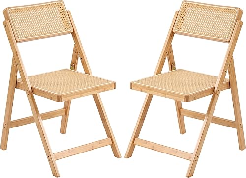 Tiita Juego de 2 sillas de comedor de ratán, sillas plegables modernas de mediados de siglo, sillas de comedor plegables de bambú para espacios