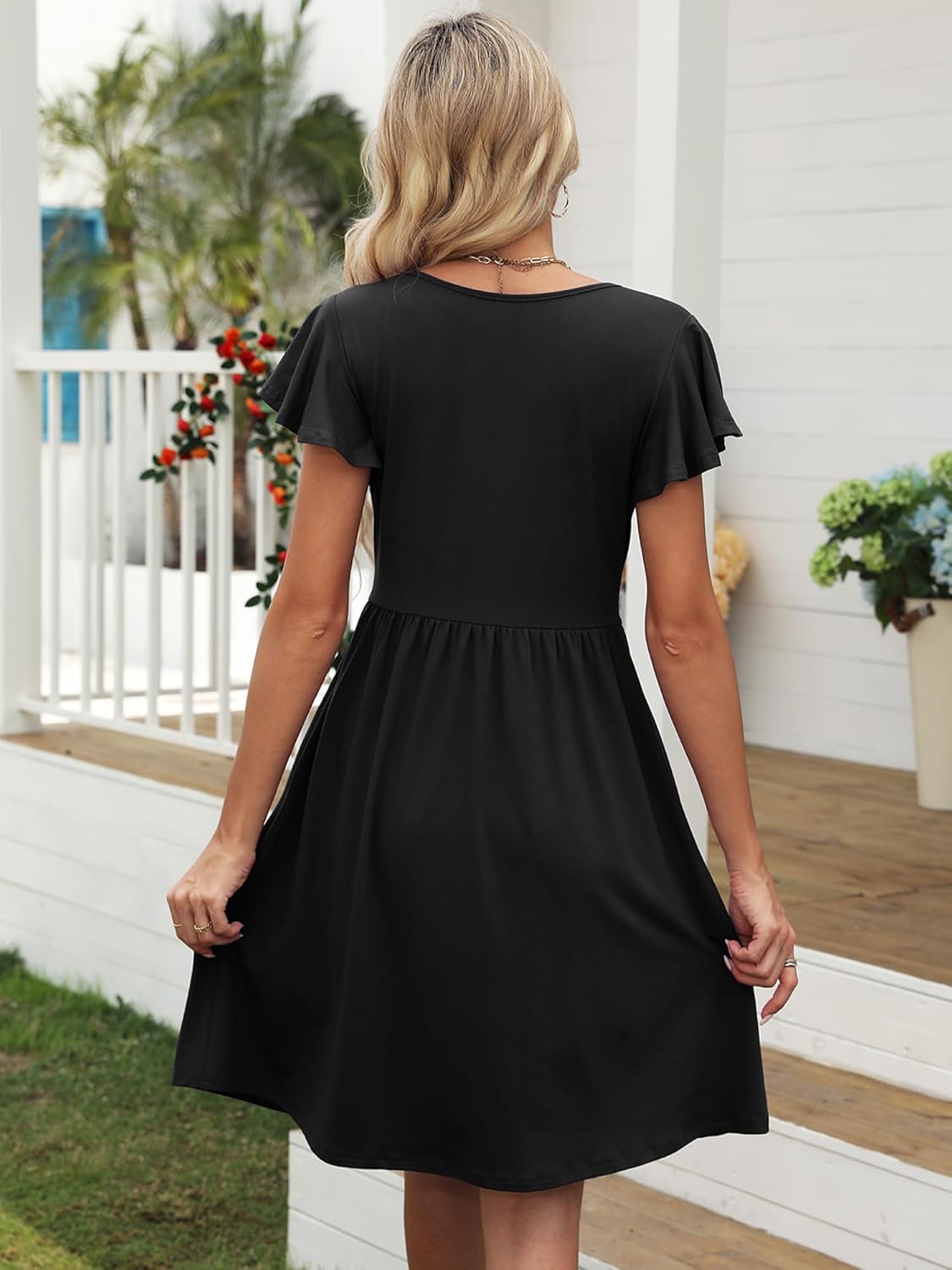 Heymoments Women's Ruffle Sleeve V Neck Swing Sundress Summer Casual A-Line Midi Dress with Pockets S-2XL - Image 5