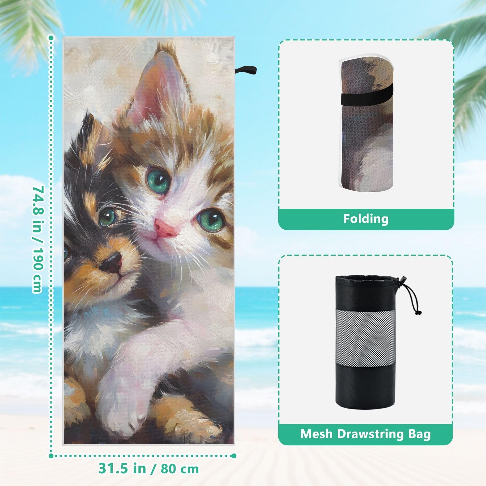 Toallas de playa grandes con bolsas de malla para adultos, gatos y perros, toalla de baño con cierre magnético, toalla absorbente de secado rápido para piscina, camping y viajes, 190 x 80 cm