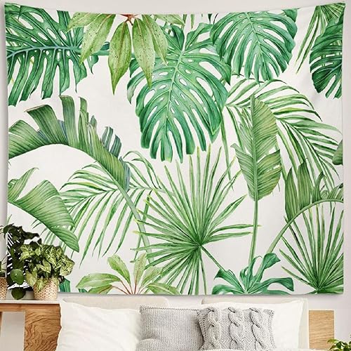 Miniatura 5 de Tapiz de pared con hojas verdes, hojas tropicales, monstruo a Strelitzia, palmeras, acuarela, tapiz de pared para dormitorio, sala de estar,