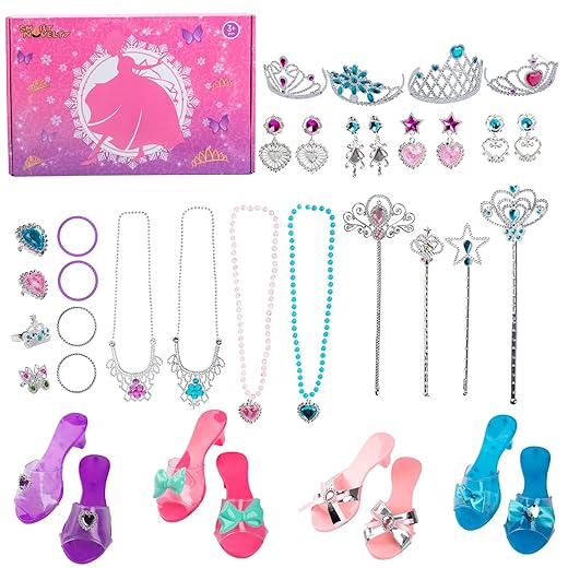 Smart Novelty Princess Dress Up Shoes & Accessories Set - Princess Role Play Dress Up & Pretend Play Set with Set of 4 Pair of Princess Shoes, Earrings, Necklace, Bracelet, Rings, Tiara, Princess Wand