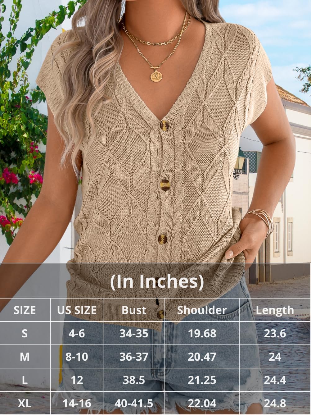 Women Cap Sleeve V Neck Sweater Vest Top, Cable Knit Button Down Cardigan Sweaters, Lightweight Trendy Casual Outfits - Image 7