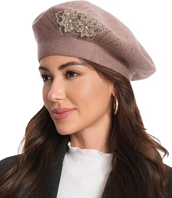 Flower Embroidery Beret Hat for Women, French Style Knitted Beret Hats, Stylish Solid Color Beret Cap for Women Girls Lady