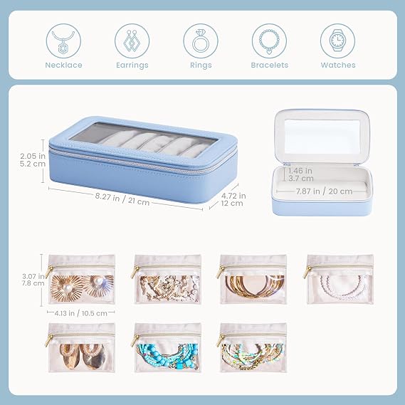 Lolalet 8 in 1 Travel Jewelry Case with Velvet Pouches, Clear Window Travel Jewelry Organizer Bags for Earrings, Bracelets, Necklaces and Rings, Compact Jewelry Storage for Women Girls -Blue, 7PCS