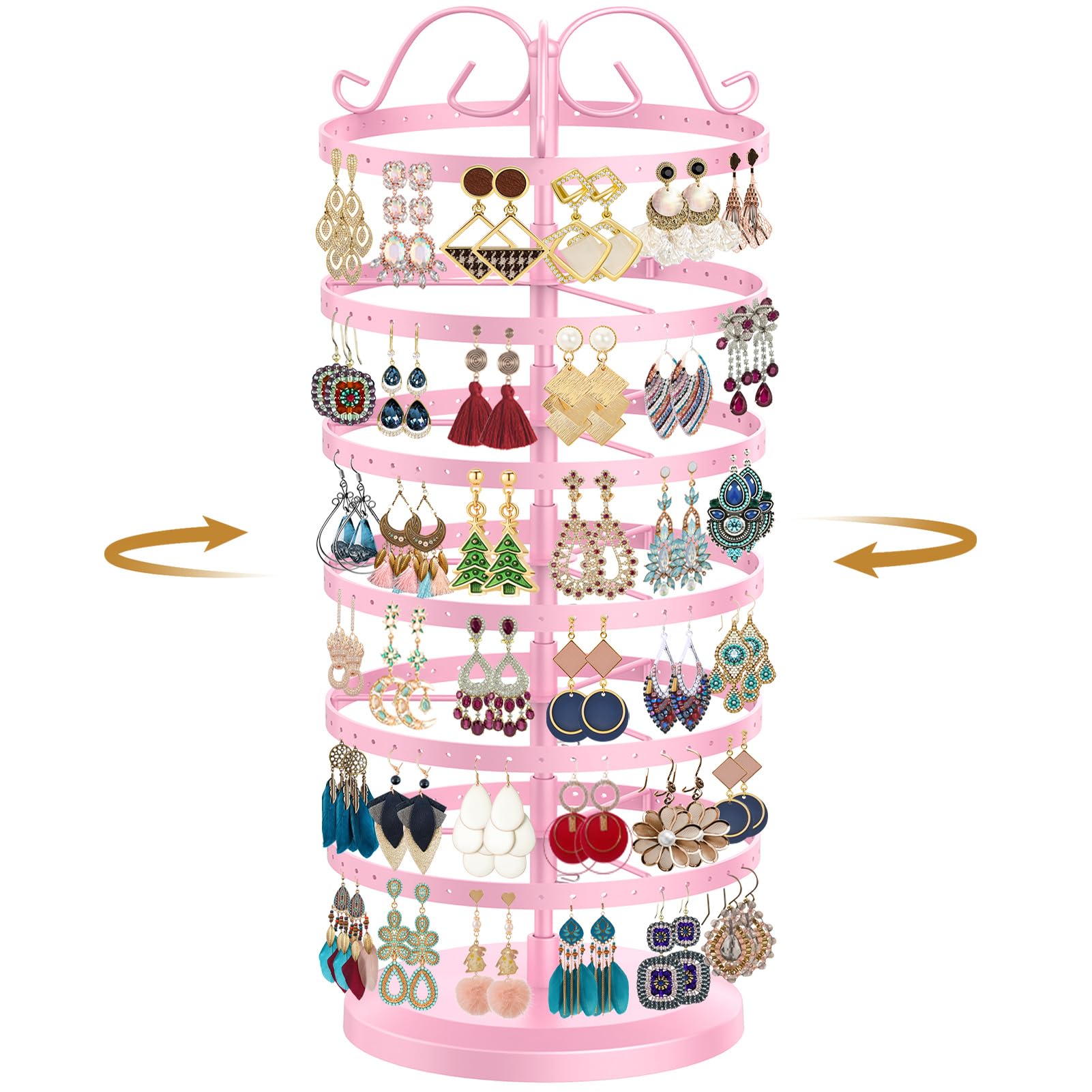 MODOWEY Rotating Earring Holder Organizer Stand, 6 Tiers Metal Tree, Pink