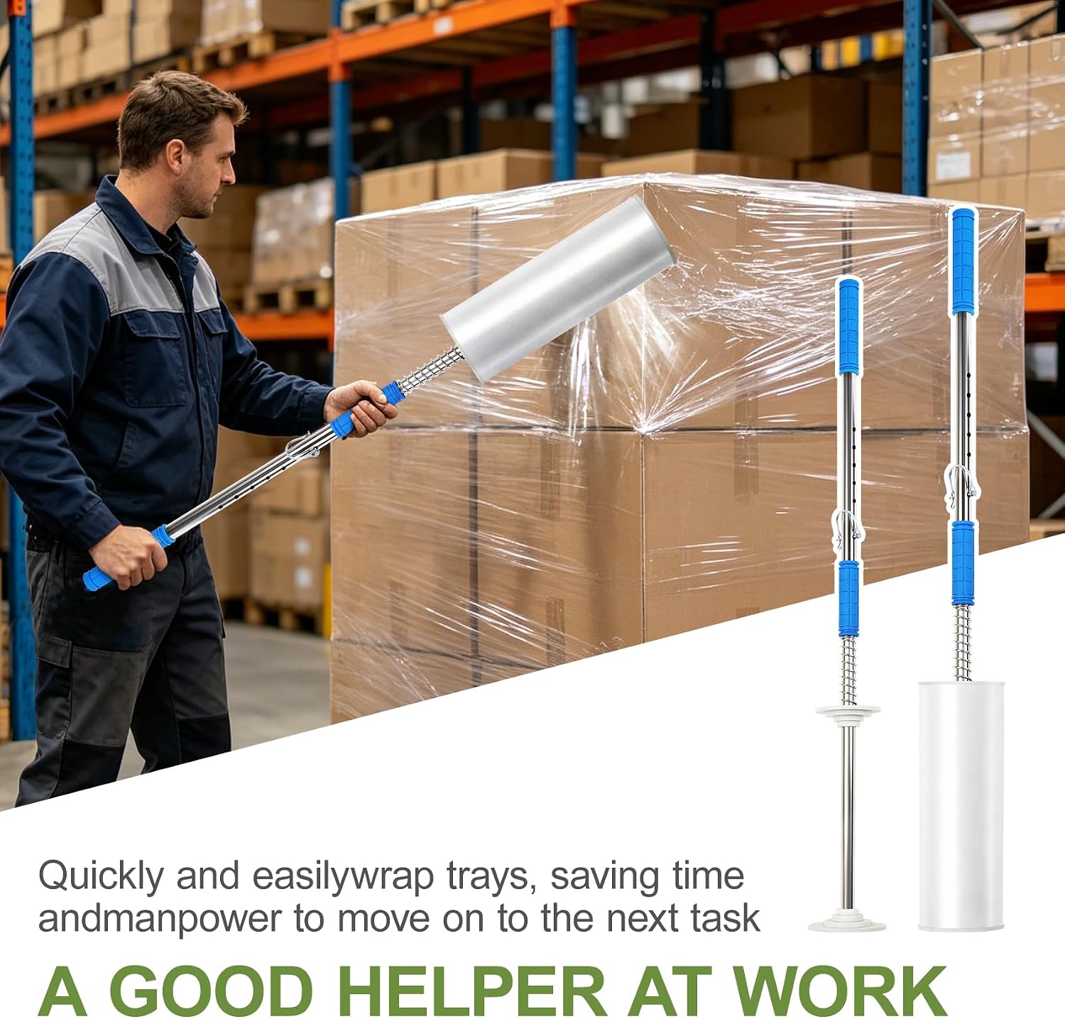 Stretch Film Dispenser Pole Holder, 48 Inch Heavy Duty Long Handle Stretch Wrap Dispenser, Fit Width 12" to 24" Rolls with 2" to 3" Core, for Industrial Grade and Packaging (Film Not Included)